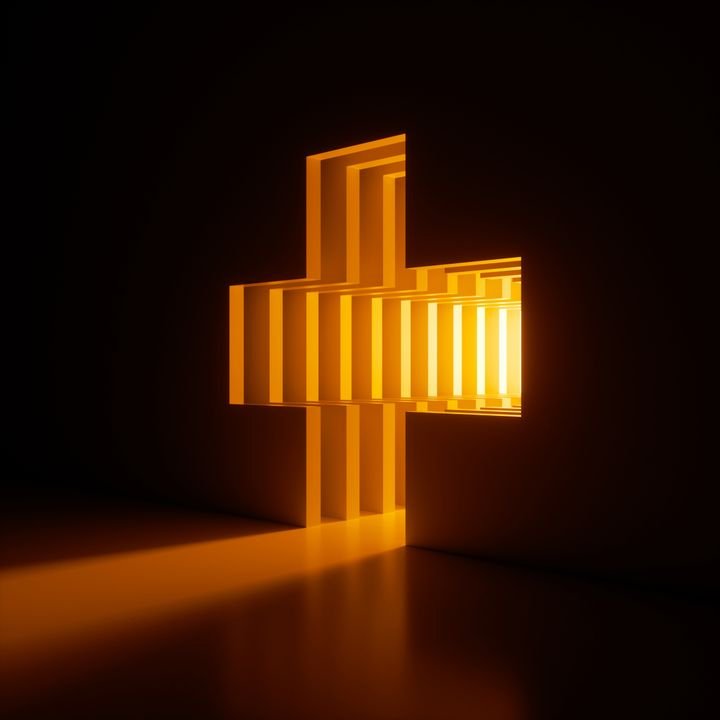 3d render, abstract background, bright yellow neon light shining out of the cross shaped hole in the wall. Magical tunnel entrance, cave door, window, portal. Dramatic scene. Minimal concept