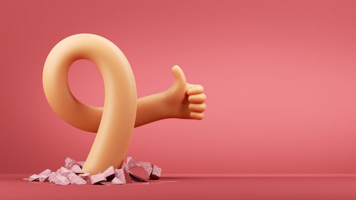 3d render, funny cartoon character flexible hand is braking through the hole in the floor, shows thumb up like gesture, clip art isolated on red background. Best choice concept