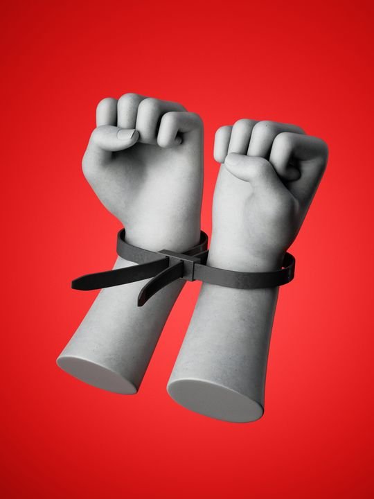3d render, human hands tied with plastic zip ties, isolated on red background. Fists of anger. Arrested criminal. Protest concept. Fight for human rights.