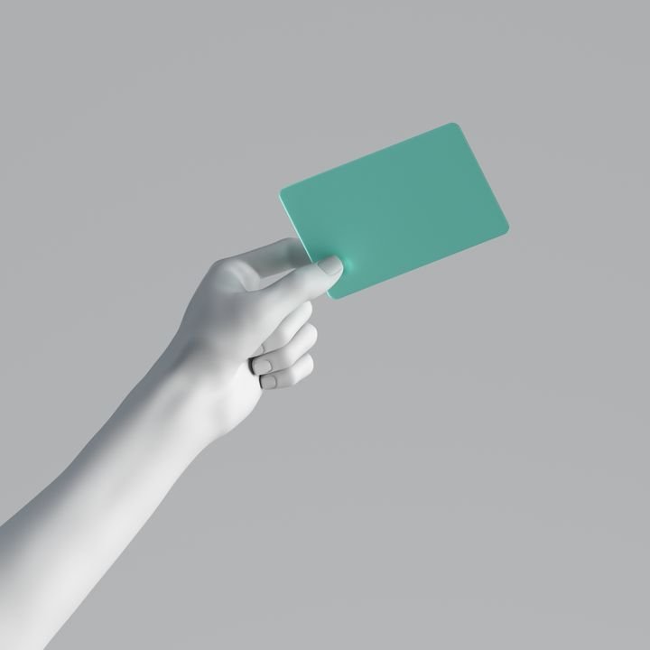 3d render, mannequin hand holding blank mint glass card or pass ticket isolated on white background. Payment metaphor. Modern minimal concept, simple clean design. Artificial human limb body part