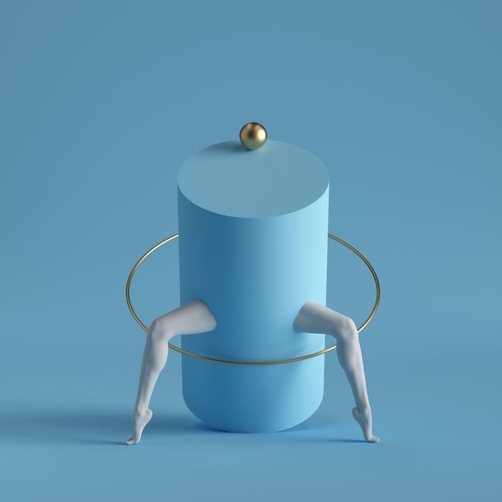 3d render, abstract surreal contemporary art. Primitive geometric shapes: cylinder, golden ball, ring, white legs isolated on blue background. Modern fashion design, visual illusion, funny freak show