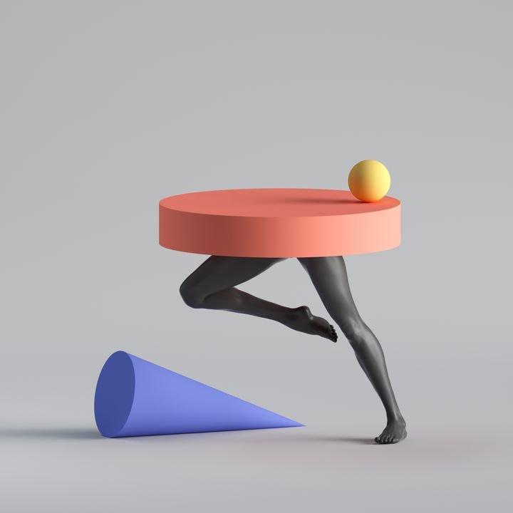 3d render, abstract surreal fashion concept, funny contemporary art. Colorful geometric objects and black legs isolated on white background. Empty podium, pedestal, table shop product display showcase