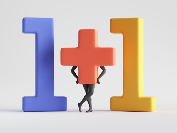 3d render, one plus one abstract colorful numbers and plus symbol with mannequin legs. Surreal modern minimal clip art isolated on white background