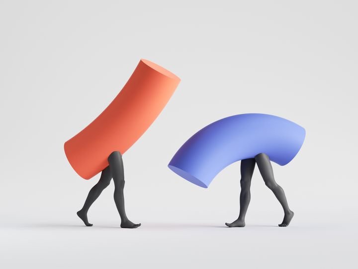 3d render, abstract geometric cartoon characters with mannequin legs. Man power or potency metaphor. Surreal modern minimal clip art isolated on white background