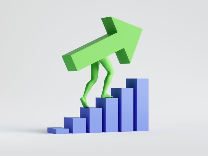 3d render, green arrow goes up. Increasing financial chart concept. Business bar graph statistics clip art isolated on white background. Career metaphor. Info graphic icon