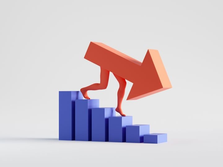3d render, red arrow goes down clip art isolated on white background. Financial crisis decreasing chart concept. Business bar graph statistics. Regressing trend. Career metaphor. Info graphic icon
