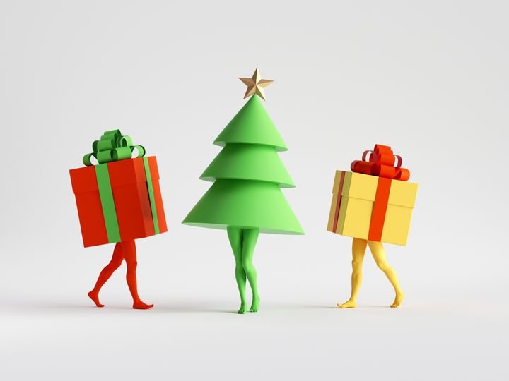 3d render. Abstract colorful Christmas clip art isolated on white background. Fir tree and gift boxes. Funny cartoon characters toys, seasonal ornaments. Group of surreal objects with mannequin legs