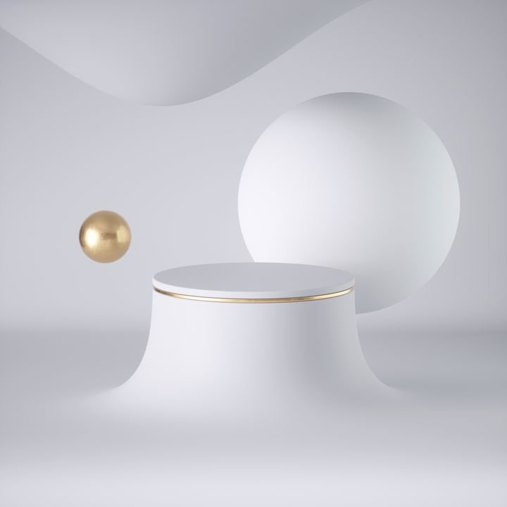 3d render, abstract white futuristic background, minimal concept, clean style. Floating balls, levitating objects. Futuristic platform, empty cylinder podium, round pedestal, blank product display.