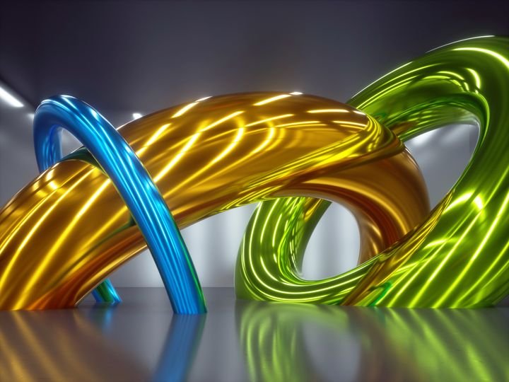 3d render, abstract background, glossy colorful chrome geometrical shapes, shiny metallic linked rings inside dark room