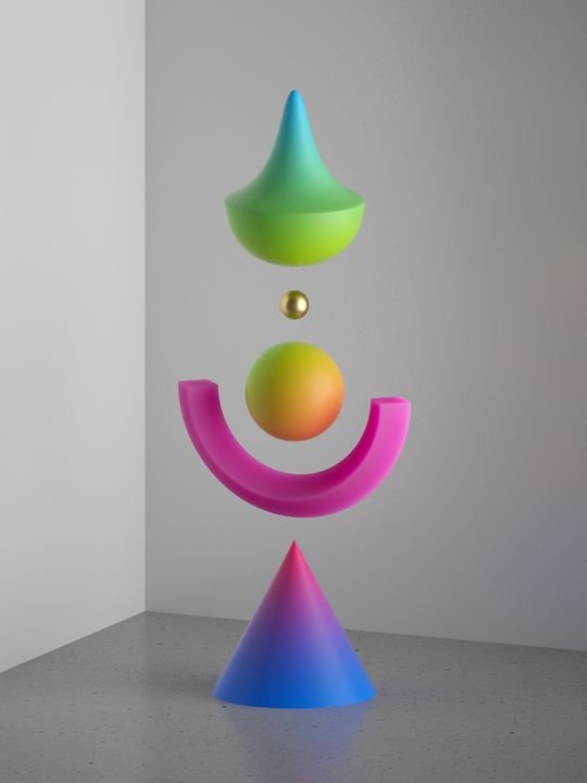 3d render, abstract colorful geometric shapes isolated on white background. Funny futuristic puzzle toy. Vivid neon gradient. Levitating elements, anti gravity balance concept, modern minimal design
