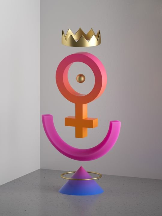 3d render, abstract geometric shapes isolated, white background. Feminist, woman symbol, gender sign, girl power concept. Puzzle toy. Modern minimal design, mixed elements balancing, postmodern style