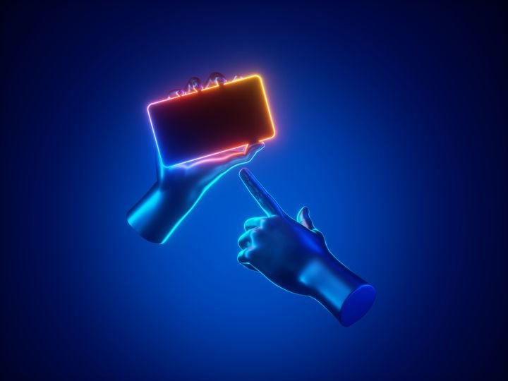 3d render mannequin hand hold smart phone gadget in horizontal position, illuminated with neon light. Electronic device isolated on blue background. Minimal futuristic touchscreen technology concept