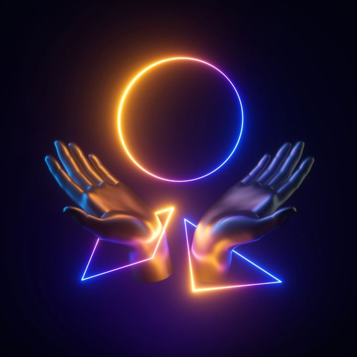 3d render of levitating artificial hands with geometric shapes. Colorful neon light. Round blank frame. Modern minimal fashion concept. Human mannequin body parts isolated on black background