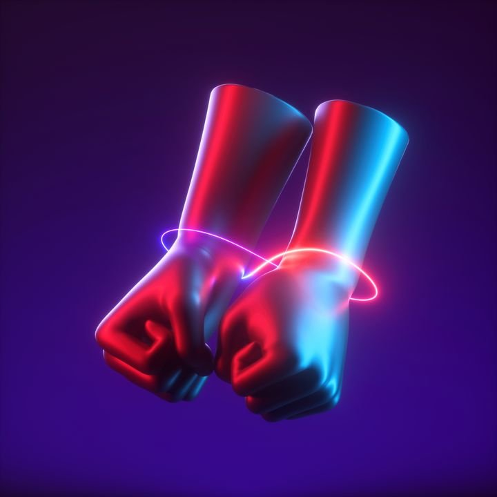 3d render, abstract mannequin hands tied with neon infinity line, isolated on dark background. Modern minimal concept