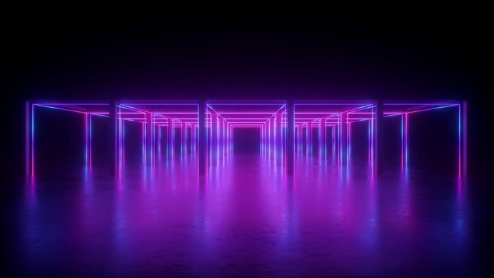 3d rendering, abstract violet neon geometric background, lines glowing in ultraviolet light, cubic shapes, hypercube concept, square box construction