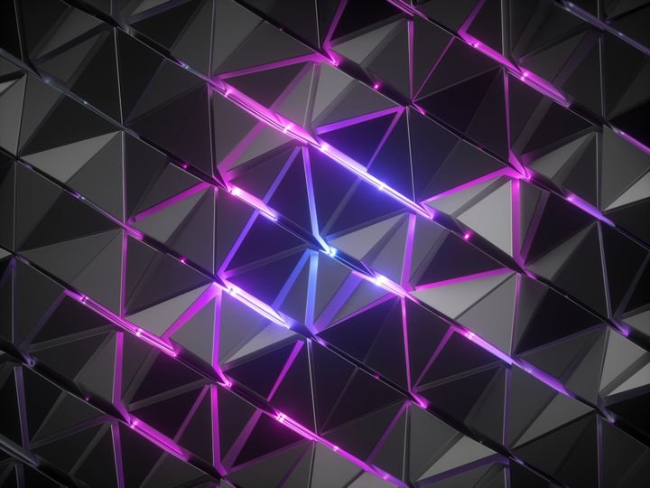 3d render, abstract black metallic faceted background, pink violet glowing neon light, triangular mosaic tiles, modern geometric texture, cyber network concept, grid