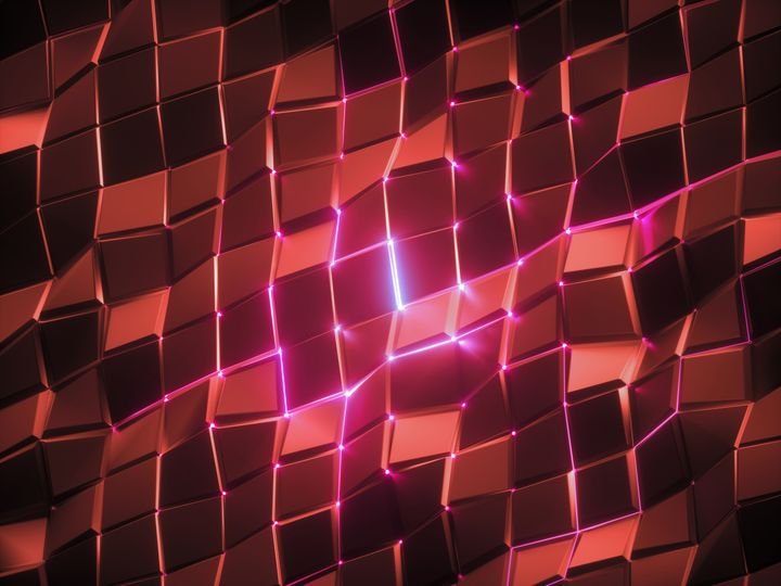 3d render, abstract faceted background, red glowing neon light, square tiles, modern geometric texture, cyber network concept, grid