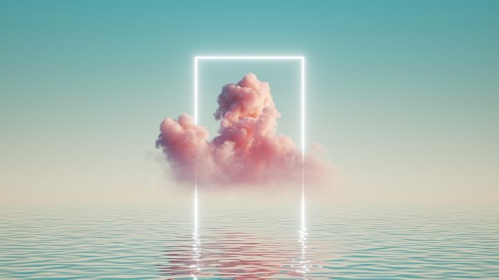 3d render, abstract background with pink cloud levitates inside glowing square neon frame, with reflection in the water. Minimal futuristic seascape