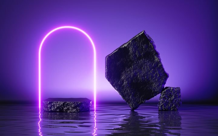 3d render, abstract ultraviolet background with cobblestones, black rocks and neon glowing arch, liquid floor with reflection in the water, modern minimal showcase for product presentation