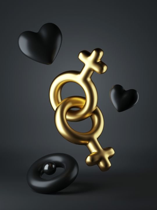 3d render, black gold female gender symbols linked, homosexual couple. Adult intimate game, sex toys. Isolated objects. Bizarre VIP fetish accessories. Commercial illustration, modern minimal poster