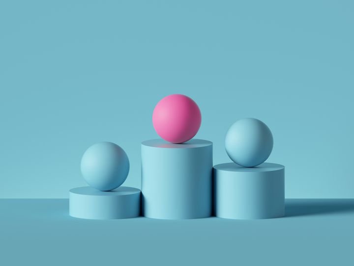 3d render, abstract minimal geometric background. Blue balls placed on cylinder pedestal steps. Isolated objects, primitive shapes. Successful business concept, one of a kind, advantage metaphor.
