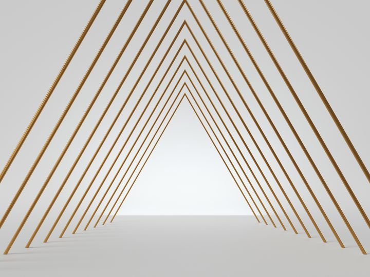 3d render, abstract minimal geometric background. Isolated golden lines, triangular shape empty corridor, perspective view.