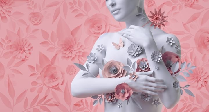 3d render, floral female bust, white mannequin covered with delicate paper flowers, woman silhouette isolated on pink background. Breast cancer support. Fashion concept. Modern botanical sculpture.
