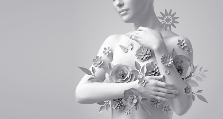 3d render, floral female bust, white mannequin covered with delicate paper flowers, woman silhouette isolated on white background. Breast cancer support. Wedding fashion. Modern botanical sculpture