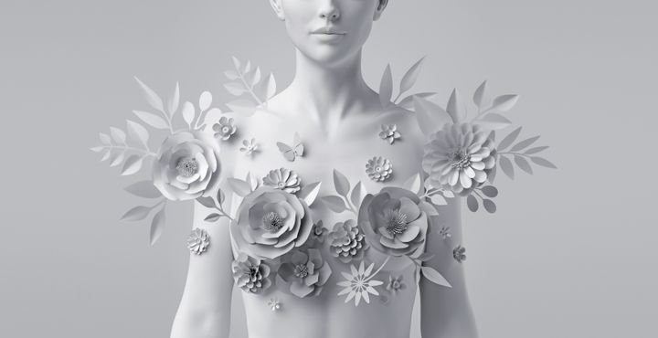 3d render, floral female bust, white mannequin decorated with paper flowers, woman silhouette isolated on white background. Breast cancer support. Wedding fashion. Modern botanical sculpture