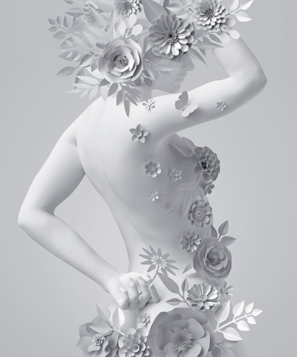 3d render, slim woman body back view, mannequin decorated with white paper flowers, woman silhouette isolated on white background. Fashion wedding floral dress. Modern botanical sculpture