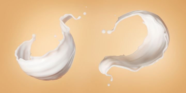 3d rendering, set of white liquid splashes isolated on peachy background, different perspective view milk splashing clip art collection