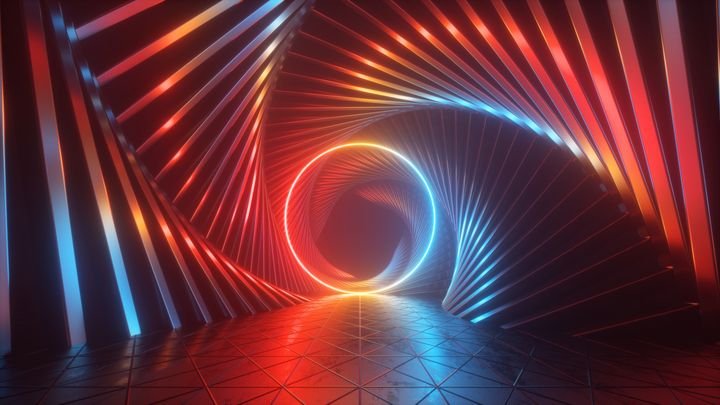 3d render, abstract red blue neon background with glowing round shape, futuristic wallpaper