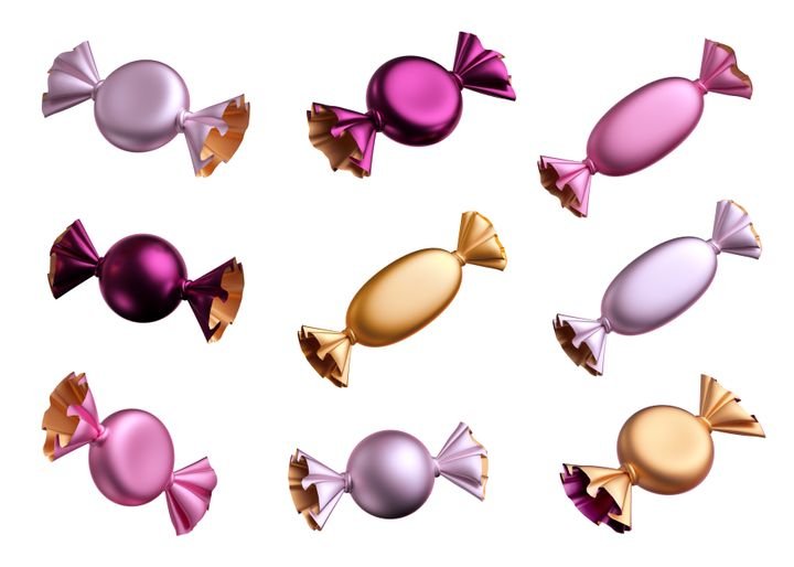 3d render of sweets, confectionery clip art, candy with metallic foil wrappings, bonbon, wrapped chocolates assortment. Objects isolated on white background, festive design elements. Sweet snack food