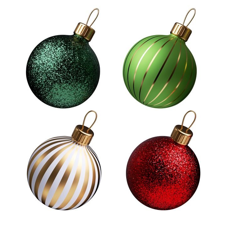 3d render, set of traditional red green glass ball ornaments for Christmas tree decoration, holiday clip art isolated on white background
