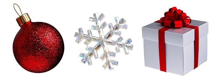 3d render, Christmas ornaments: red glass ball, crystal snowflake, wrapped gift box. Holiday icons set, festive clip art collection isolated on white background