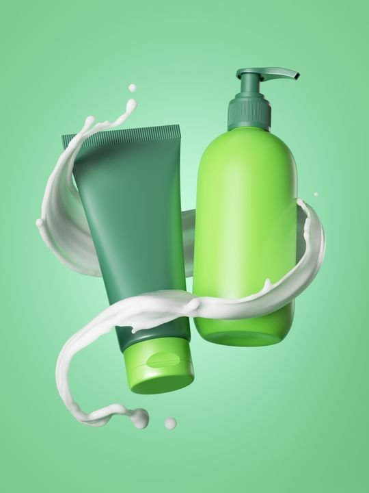 3d render, cosmetic bottles inside white liquid splash levitate, isolated objects, dispenser container and cream tube, beauty banner template, package mockup for skin care products, branding concept