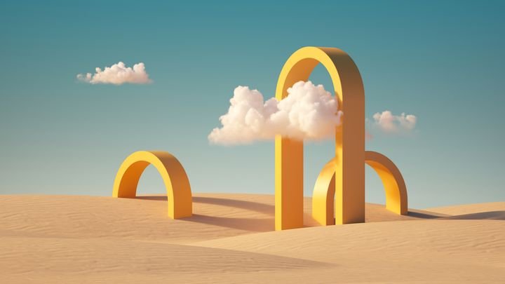 3d render, Surreal desert landscape with yellow arches and white clouds in the blue sky. Modern minimal abstract background