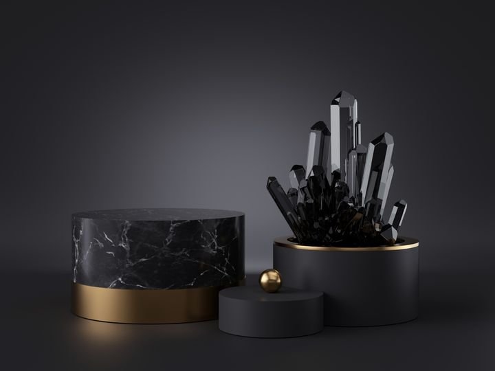 3d abstract modern minimal black background, dark crystal nugget inside cylinder vase, blank mockup, showcase stand, empty marble podium, shop product display, isolated objects, fashion premium design