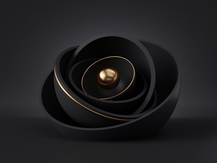 3d render, abstract black gold minimal modern background, golden core ball hidden inside black hemisphere shell, isolated objects, stack of bowls, simple clean style, premium design, classy decor