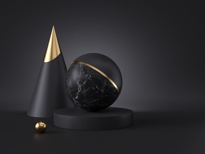3d render, abstract minimalist geometric objects isolated on black background. Marble texture, golden metal. Copy space. Cone, ball, cylinder podium primitive shapes, premium futuristic decor elements