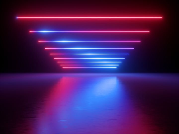 3d render, abstract neon ines over black background with perspective. Ultraviolet spectrum. Red blue glowing lines, laser rays, reflections.