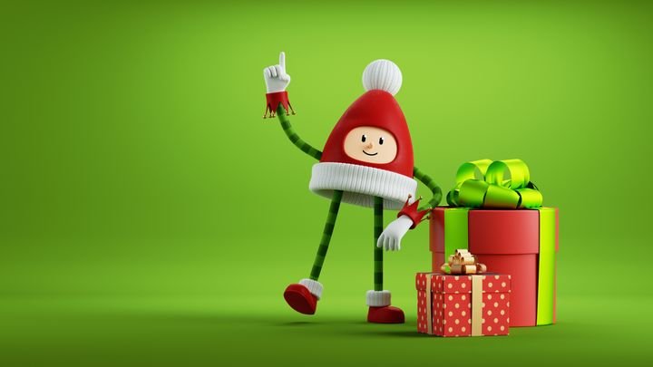 3d render, Christmas toy and gift boxes clip art isolated on green background. Red cap mascot with face hands and legs. Little santa helper