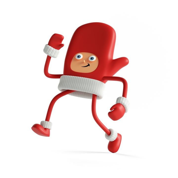 3d render. Funny Santa helper runs or walks. Christmas toy clip art isolated on white background. Red mitten mascot with face hands and legs