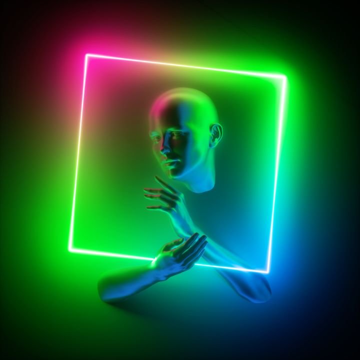 3d render, abstract modern minimal concept. Mannequin body parts, bald head, woman face, hands holding geometric shape. Portrait inside neon square frame, rgb green blue pink colorful glowing light
