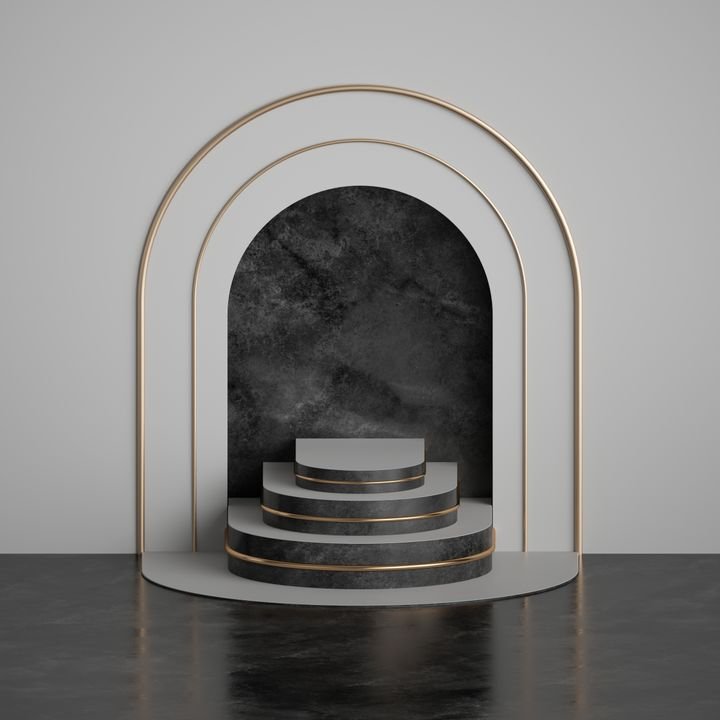 3d render, abstract modern minimal black white background, marble niche, pedestal steps, golden arch, memorial granite board. Clean dramatic design, premium mockup with copy space
