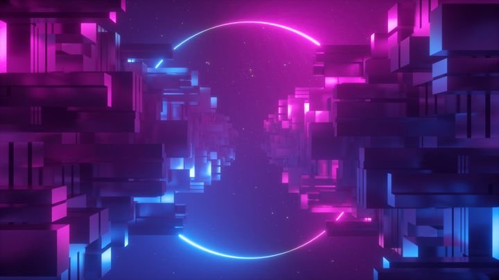 3d render, abstract futuristic background, pink blue violet neon light, geometric shapes, ultraviolet glowing ring, copy space, cosmos.