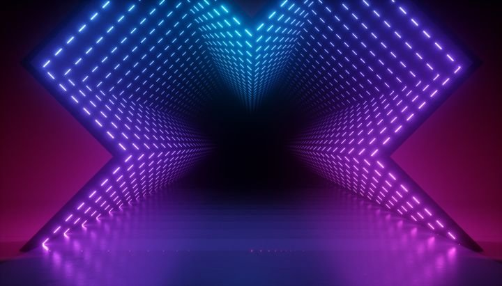 3d render, abstract neon background, glowing pink blue led light inside the tunnel, geometric shape with optical illusion perspective view. Modern minimal design, empty stage floor reflection