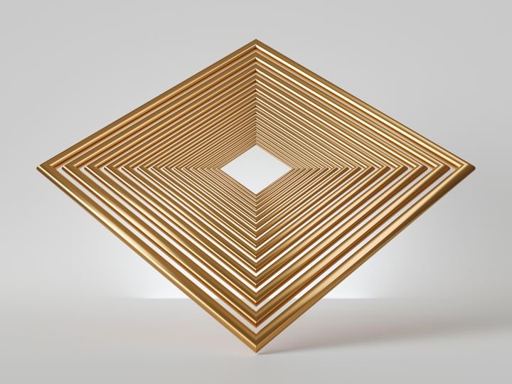 3d render, abstract golden square object isolated on white background. Metallic lines. Minimal modern design.