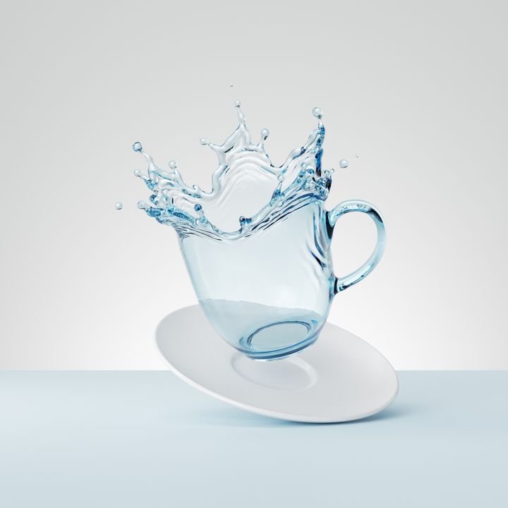 3d render, water splash in the shape of a cup with saucer, pure liquid splashing clip art isolated on white background