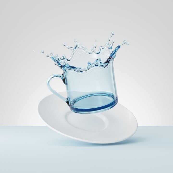 3d render, water splash in the shape of a cup with saucer, clear liquid splashing clip art isolated on white background